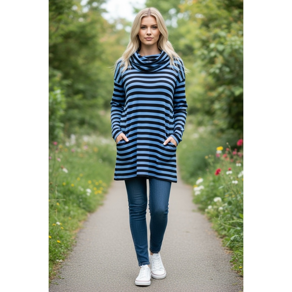 Workshop Republic Clothing Striped Cowl Neck Tunic Top Blue Black Size Large NWT